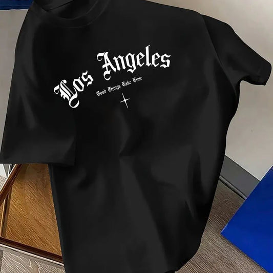 Mens Los Angeles-Print T-Shirt Casual Versatile Crew Neck Style