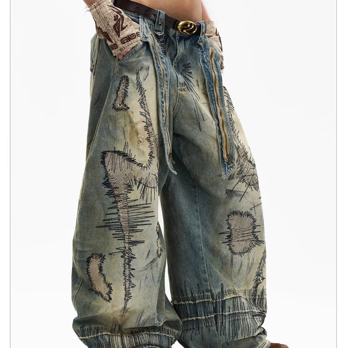 Plus Size American Street Heavy Industry Random Needle Embroidery Stain Jeans