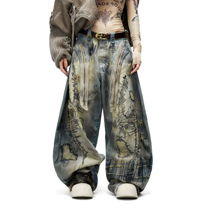 Plus Size American Street Heavy Industry Random Needle Embroidery Stain Jeans